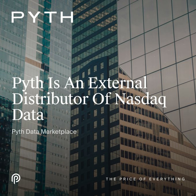 An advertisement for 'PYTH' stating 'Pyth Is An External Distributor Of Nasdaq Data' overlaid on a background image of glass skyscrapers.