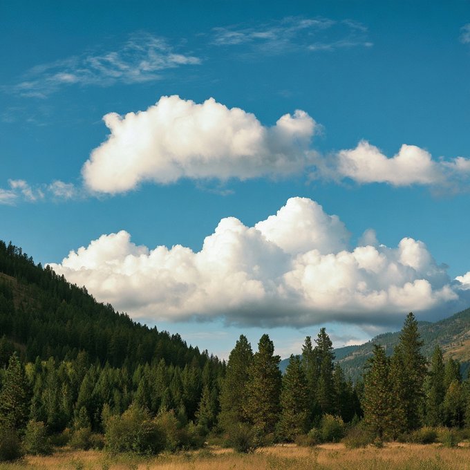 A scenic landscape featuring a bright blue sky filled with large, fluffy white cumulus clouds over a dense forest of evergreen trees on rolling hills.
