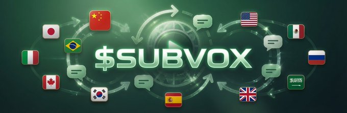 A promotional graphic for "$SUBVOX" features the token's logo surrounded by international flags and chat bubbles, visually emphasizing its global reach to support the announcement of its Solana launch and 3,000,000 token airdrop giveaway.