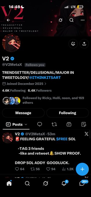 A Twitter/X profile screenshot for verified user @V2MetaX with bio "TRENDSETTER/DELUSIONAL/MAJOR IN TWEETOLOGY/ @1THINKITSTART", showing a tweet reading "FEELING GRATEFUL $FREE SOL -TAG 3 friends -like and retweet 🫶 SHOW PROOF. DROP SOL ADDY GOODLUCK" with 1.2K views.