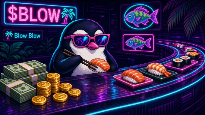 A vibrant neon-style digital illustration of a penguin eating at a sushi bar with '$BLOW' and 'Blow Blow' neon signs, surrounded by money, gold coins, and sushi.