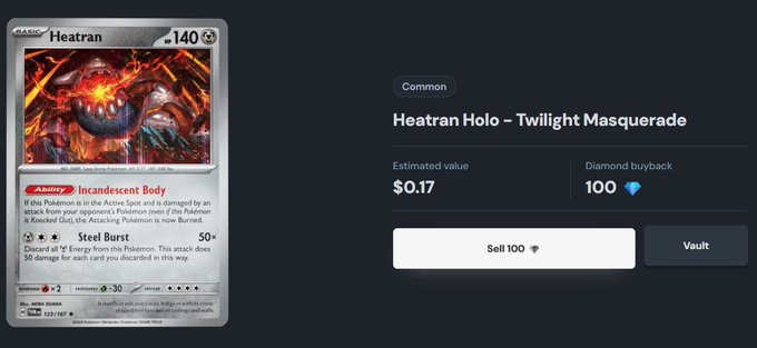 A digital trading card display shows a Pokémon card titled 'Heatran' valued at $0.17, with a 'Sell 100' option to convert into 100 diamonds.
