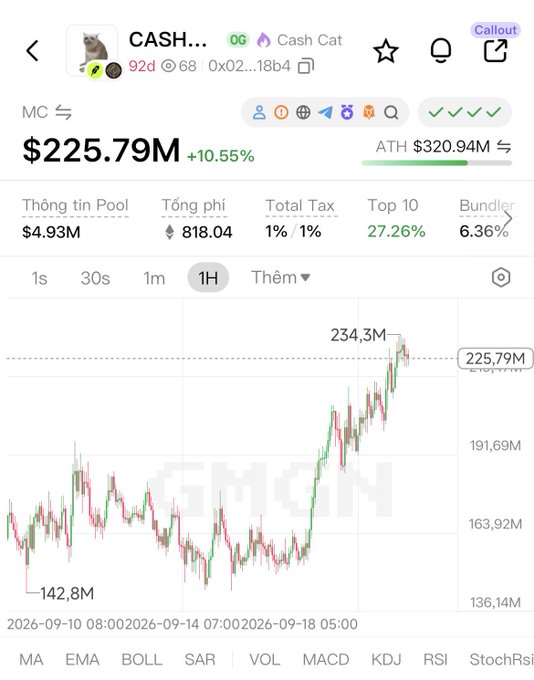 A cryptocurrency chart for a token called 'CASH' or 'Cash Cat' showing a price of $225.79M, up 10.55%, with an all-time high of $320.94M.