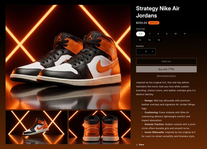 A product page for 'Strategy Nike Air Jordans' priced at $250.00 (sold out), showing black, white, and orange mid-top sneakers with details on premium leather, foam midsole with Nike Air cushioning, and rubber outsole.