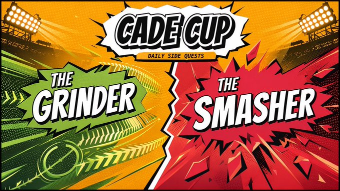 A comic-book style promotional graphic for 'CADE CUP - DAILY SIDE QUESTS' featuring two contrasting banners: a green 'THE GRINDER' on the left and a red 'THE SMASHER' on the right, set against a stadium background.