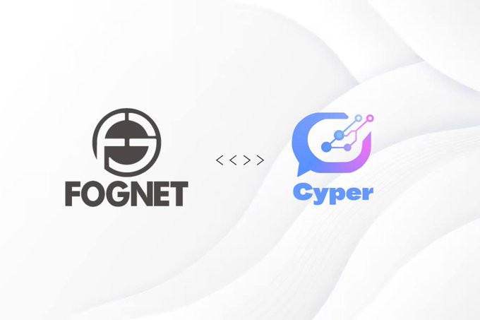 A graphic showing two logos side by side: a black circular logo labeled 'FOGNET' and a blue and purple speech bubble logo labeled 'Cyper', connected by '<><>' symbols.