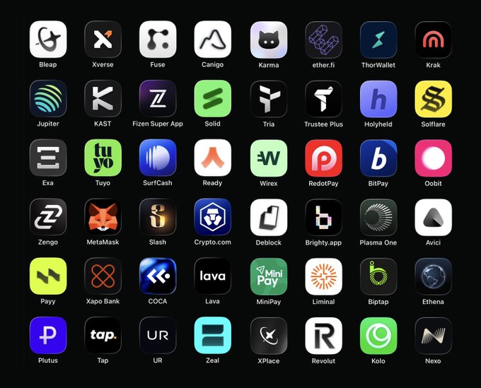 A grid of 40 crypto neobank app icons displayed on a black background, featuring brands like Bleap, Xverse, Fuse, Canigo, Karma, ether.fi, ThorWallet, Krak, Jupiter, KAST, Fizen Super App, Solid, Tria, Trustee Plus, Holyheld, Solflare, Exa, Tuyo, SurfCash, Ready, Wirex, RedotPay, BitPay, Oobit, Zengo, MetaMask, Slash, Crypto.com, Deblock, Brighty.app, Plasma One, Avici, Payy, Xapo Bank, COCA, Lava, MiniPay, Liminal, Biptap, Ethena, Plutus, Tap, UR, Zeal, XPlace, Revolut, Kolo, and Nexo — directly illustrating the post's claim about crypto-based alternatives to traditional banks for spending and converting digital assets.