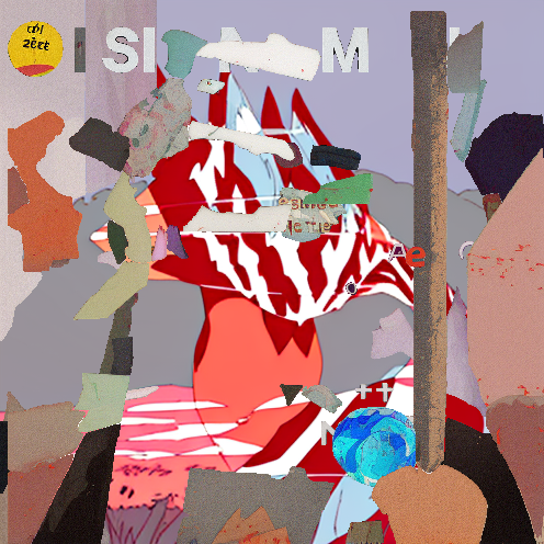 An abstract digital collage artwork features red and orange shapes, fragmented text, and layered textures in a chaotic composition.