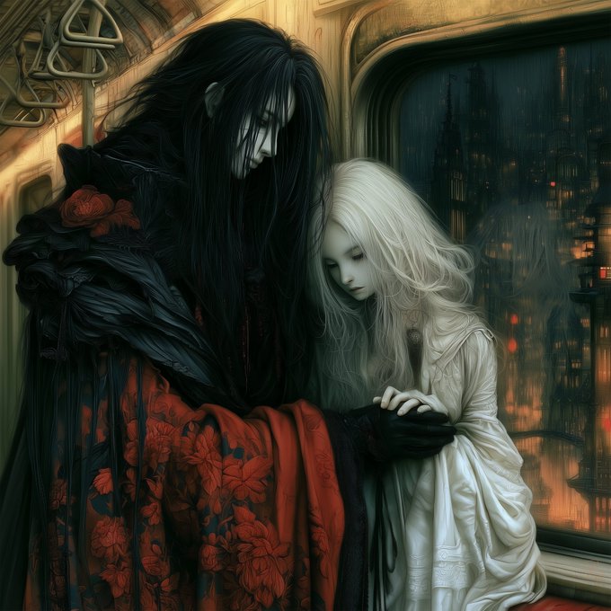 A gothic, dark fantasy illustration depicts a pale, dark-haired figure in a black and red floral cloak gently holding the hand of a small, white-haired pale child in white clothing, with a dark cityscape visible through a window behind them.