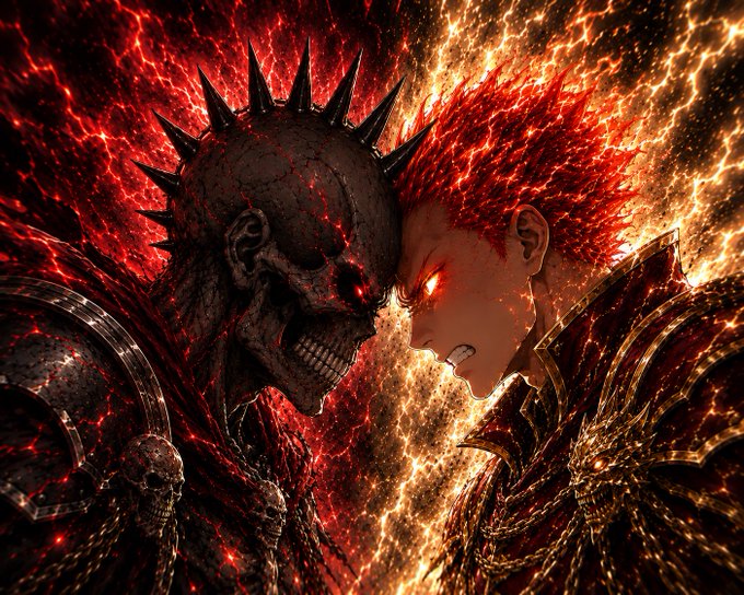 A demonic warrior with a flaming skull mohawk stands eye-to-eye with a fiery-haired figure in a battle of fire and brimstone, symbolizing an intense internal struggle amid a chaotic, infernal landscape—mirroring the post's theme of standing out positively while the broader market suffers.