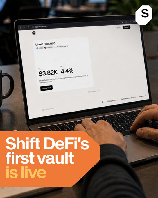 A promotional image showing hands typing on a laptop displaying the Shift DeFi website with 'Liquid Shift USD' showing TVL $3.82K and 4.4% APY, accompanied by an orange banner reading 'Shift DeFi's first vault is live'.