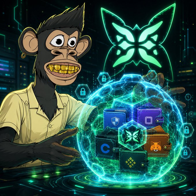 A cartoon-style illustration of a Bored Ape-style monkey character wearing a yellow shirt with gold grillz, surrounded by floating crypto wallet icons inside a glowing green digital sphere with a butterfly symbol.