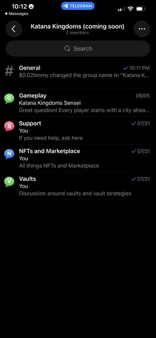 A Telegram chat screenshot for the group 'Katana Kingdoms (coming soon)' showing 2 members and various channel topics including General, Gameplay, Support, NFTs and Marketplace, and Vaults.
