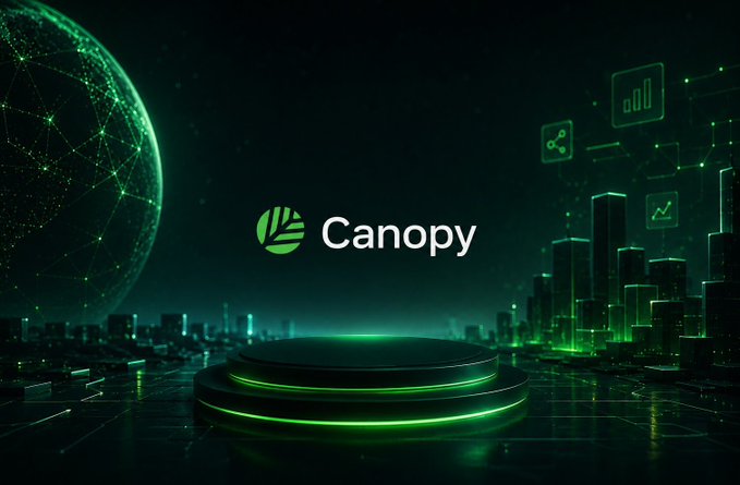 The image features a futuristic green digital cityscape with a glowing podium and a wireframe globe, prominently displaying the "Canopy" logo with its leaf-like emblem. It visually reinforces the post's theme of vibe coding on @CNPYNetwork, symbolizing a sleek, tech-forward platform where developers can quickly build onchain tools like prediction markets using AI.