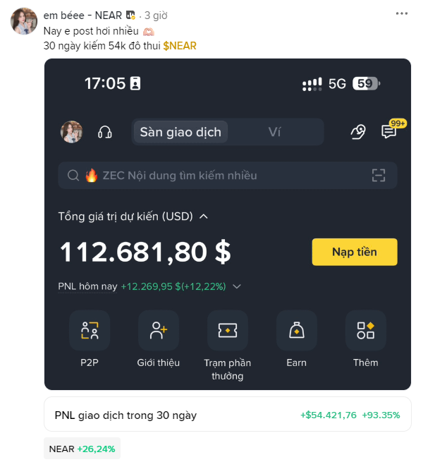 A Vietnamese social media post by user 'em bèee' celebrating a Binance trading profit of $112,681.80 with 30-day PNL of +$54,421.76 (+93.35%) from $NEAR.