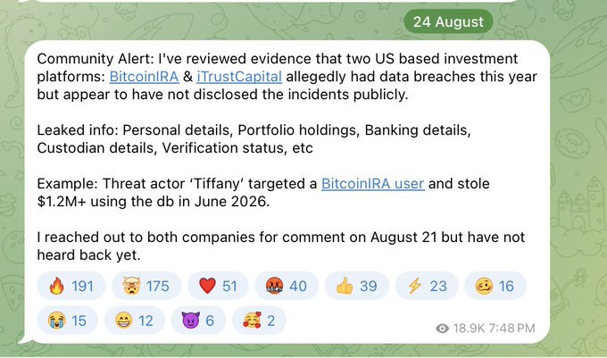 A Telegram-style community alert message dated 24 August discussing undisclosed data breaches at BitcoinIRA and iTrustCapital, mentioning a threat actor 'Tiffany' who stole $1.2M+ from a BitcoinIRA user.
