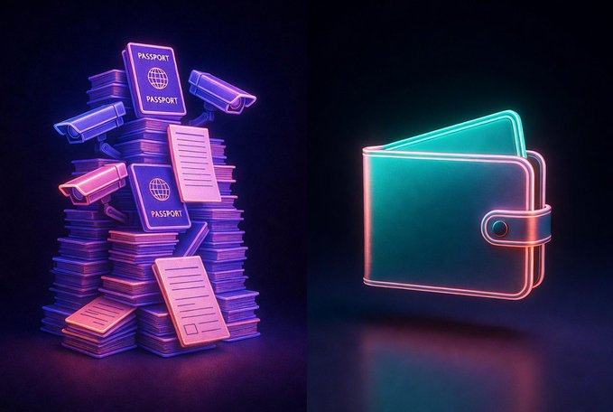 A neon-lit illustration contrasts a towering pile of passports, documents, and surveillance cameras—labeled "PASSPORT"—against a simple, glowing cryptocurrency wallet, visually emphasizing the stark difference between traditional banking's heavy documentation requirements and crypto wallets' anonymity.