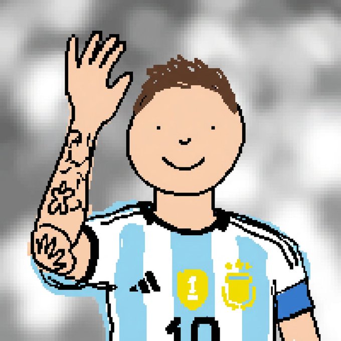 A simple cartoon drawing of a smiling soccer player with brown hair wearing an Argentina jersey (number 10) with a captain's armband, raising one tattooed hand in a waving gesture.