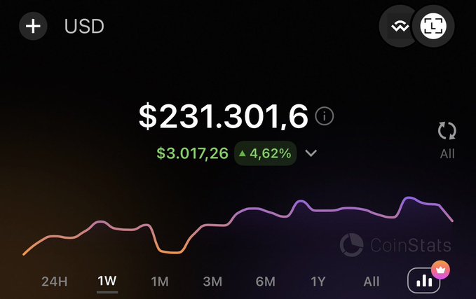 A cryptocurrency portfolio screen from CoinStats showing a balance of "$231.301,6" in USD with a weekly gain of "$3.017,26" and "4,62%" displayed above a purple price chart.