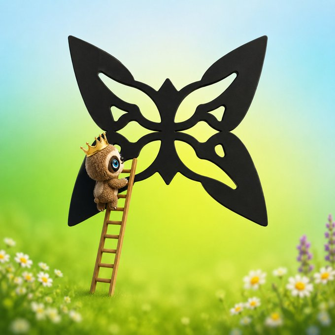 A small furry creature wearing a gold crown climbs a wooden ladder toward a large black butterfly-shaped cutout set in a green meadow with daisies and lavender.