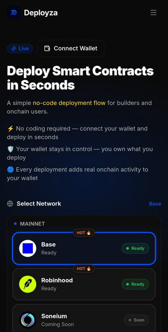 A mobile screenshot of the Deployza platform shows a no-code smart contract deployment interface featuring "Deploy Smart Contracts in Seconds" as the main headline, with Base marked as "Ready" and tagged "HOT" under the Mainnet network selector, directly illustrating the affordable $BASE deployment alternative mentioned in the post.