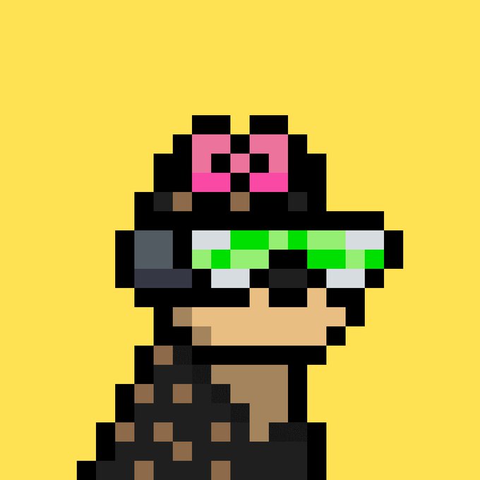 A pixel art illustration of a character with a black hood, a green visor/goggles, and a pink bow on top, set against a yellow background.