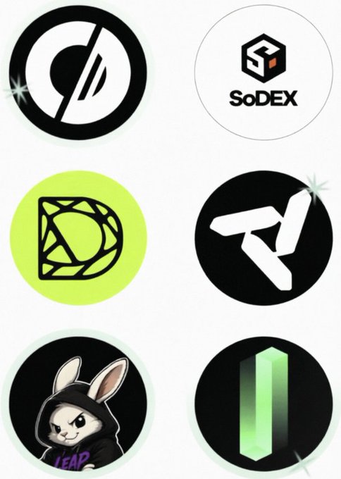 A grid of six circular cryptocurrency or brand logos, including 'SoDEX,' a geometric green symbol, a raven in a hoodie with 'LEAP,' and a green 3D bar.
