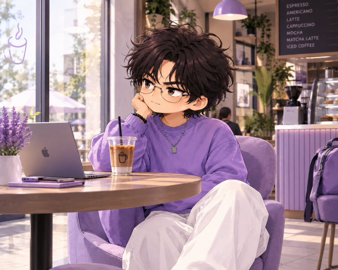 An anime-style illustration of a young person with messy dark hair and glasses sitting at a cafe table with a laptop and iced coffee, with a menu listing items like ESPRESSO, AMERICANO, LATTE, CAPPUCCINO, MOCHA, MATCHA LATTE, and ICED COFFEE visible in the background.