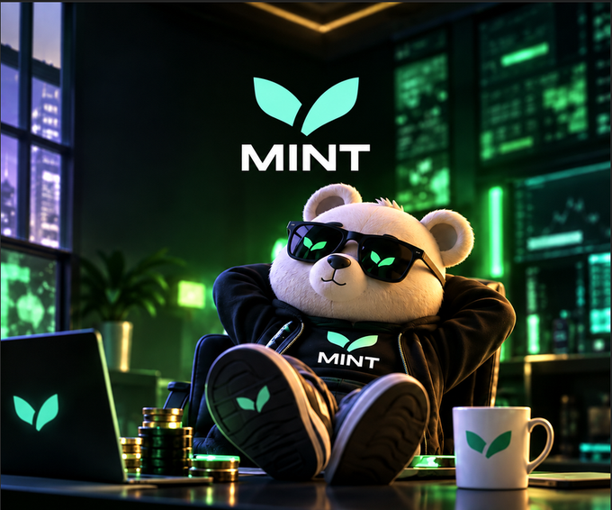 A 3D-rendered bear wearing sunglasses and a hoodie, sitting relaxed with feet up, branded with the 'MINT' logo featuring a leaf icon, surrounded by coins, a laptop, and a mug in a green-lit tech environment.