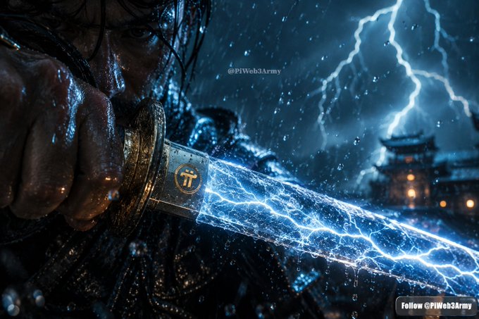 Digital art by @PIWeb3Army showing a samurai warrior holding a katana crackling with blue lightning, with a Japanese castle in the background.