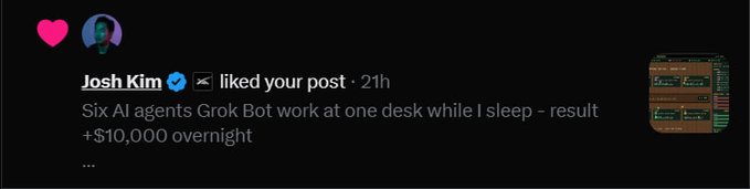 A screenshot of a Twitter/X notification showing Josh Kim (verified) liked a post that reads: "Six AI agents Grok Bot work at one desk while I sleep - result +$10,000 overnight." The notification celebrates recognition from a SpaceXAI team member, validating the poster's Sevenup Capital project—a 6-agent AI trading desk project that uses Grok bots to autonomously generate profits while the creator sleeps.