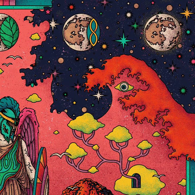 A vibrant psychedelic illustration featuring a cosmic scene with two moons, colorful stars against a dark sky, and surreal elements including a figure with butterfly wings and tree-like mushroom plants against a red landscape.
