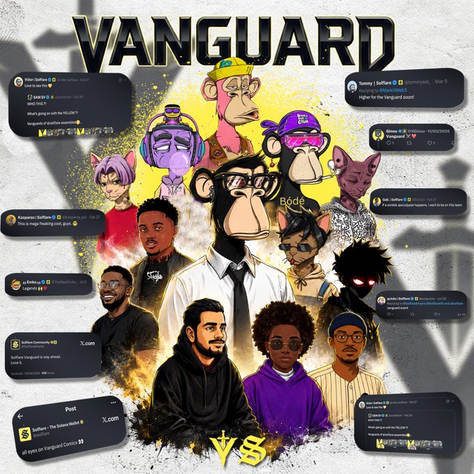 Promotional artwork for 'VANGUARD' featuring various Bored Ape Yacht Club NFTs and characters, with the Soflare Community logo and social media post references.