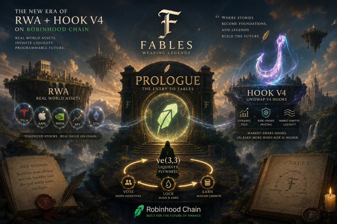 A fantasy-themed promotional graphic for 'FABLES - WEAVING LEGENDS' highlights 'THE NEW ERA OF RWA + HOOK V4 ON ROBINHOOD CHAIN' and features symbols for $TSLA, $AAPL, $NVDA, $SPY, and $ETH.
