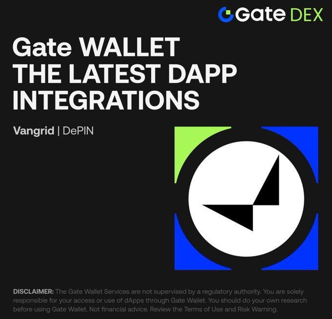 Gate DEX promotional graphic announcing 'Gate WALLET THE LATEST DAPP INTEGRATIONS' featuring Vangrid and DePIN, with a large Vangrid logo on the right and a disclaimer about Gate Wallet Services at the bottom.
