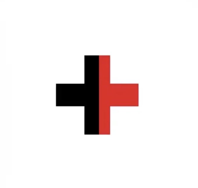 A simple graphic of a plus/cross symbol split vertically into black and red halves on a white background.