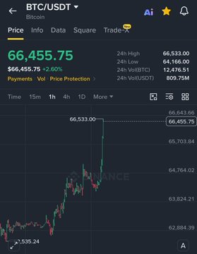 A cryptocurrency trading chart on a mobile interface for the BTC/USDT pair on Binance, showing a current price of $66,455.75 (+2.50%), a 24-hour high of $66,533.00, and a rising candlestick pattern.