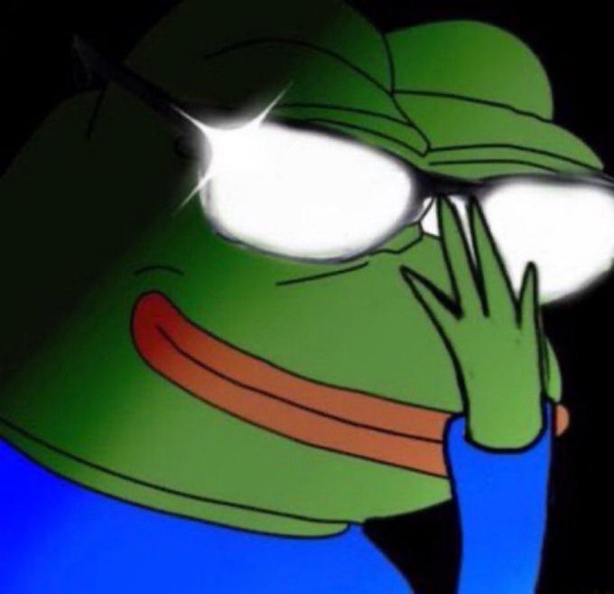 A meme-style cartoon of Pepe the Frog wearing a green cap, with exaggerated glowing white eyes and one hand raised near the face.