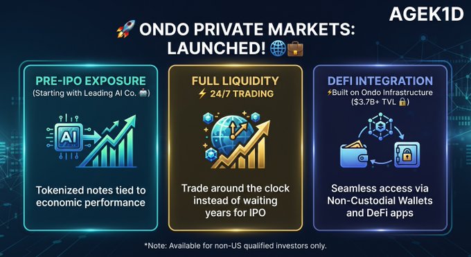 A promotional graphic titled 'ONDO PRIVATE MARKETS: LAUNCHED!' highlighting three features: 'PRE-IPO EXPOSURE (Starting with Leading AI Co.)' with 'Tokenized notes tied to economic performance', 'FULL LIQUIDITY 24/7 TRADING' allowing users to 'Trade around the clock instead of waiting years for IPO', and 'DEFI INTEGRATION' built on Ondo Infrastructure ($3.7B+ TVL) offering 'Seamless access via Non-Custodial Wallets and DeFi apps'.