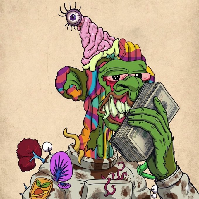 A grotesque cartoon creature with a brain-topped eyeball, mismatched eyes, and exposed teeth hungrily bites into a thick stack of hundred-dollar bills, surrounded by surreal psychedelic elements like flowers and a bandaged head. The image ties into the "GM future millionaires" caption by humorously depicting an unhinged, monster-like character greedily devouring cash—visually capturing the chaotic, money-hungry energy of someone chasing wealth dreams.