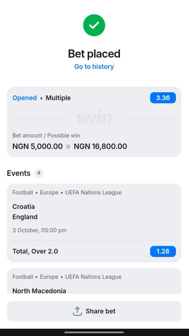 A confirmation screen from 1win showing a successful ₦5,000 bet with a potential ₦16,800.00 win placed on a UEFA Nations League accumulator featuring Croatia vs England (Total Over 2.0) and North Macedonia.