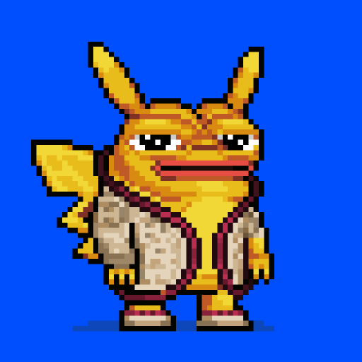 Pixel art of a grumpy-looking yellow axolotl character wearing a beige robe with maroon trim against a solid blue background.