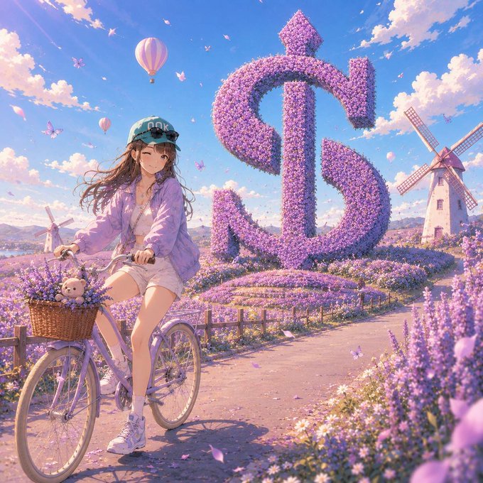An anime-style illustration depicts a girl in a purple jacket and cap riding a purple bicycle through lavender fields, with a large floral '$' symbol, a windmill, and hot air balloons in the background.