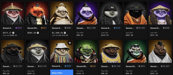 A marketplace displaying twelve "Sensei" NFT listings, with prices ranging from approximately ¥1,389 to ¥3,937 and last sale prices listed below each, including a highlighted "Make Offer" option for item #803. The grid of cartoonish character NFTs—including bears, frogs, and pandas in various costumes—visually supports the post's message promoting Sensei NFTs as "alpha."