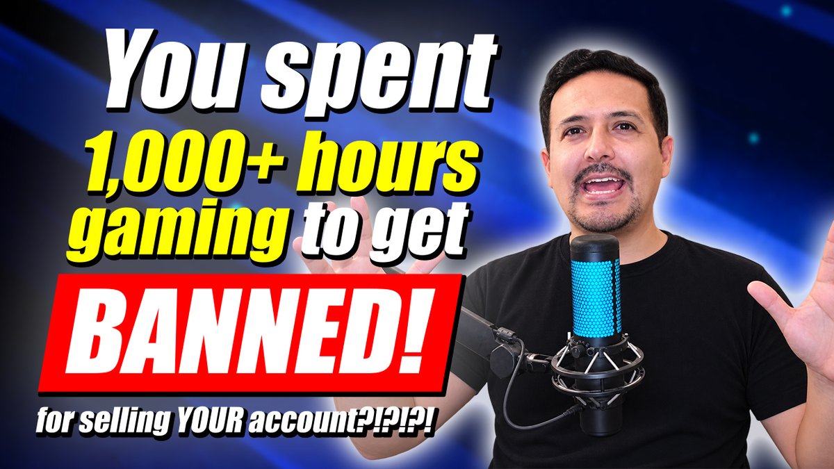 A YouTube thumbnail featuring a man with a shocked expression speaking into a blue microphone, with bold text reading "You spent 1,000+ hours gaming to get BANNED! for selling YOUR account?!?!?!" The thumbnail relates to gaming account trading and potential ban consequences, tying into the post's discussion about changing gaming meta with @MukeGaming and @AngryDynomites.