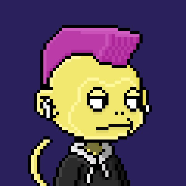 A pixel art illustration of a yellow-skinned monkey character with a purple mohawk, wearing a black suit and earring, set against a dark purple background—aligning with the "Gold Fur Gang" branding of the @MonkeyHoodNFT collection.