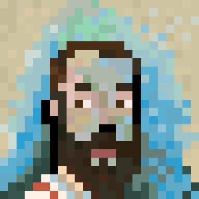 A low-resolution pixel art image depicting a character's face with dark hair against a blue background.