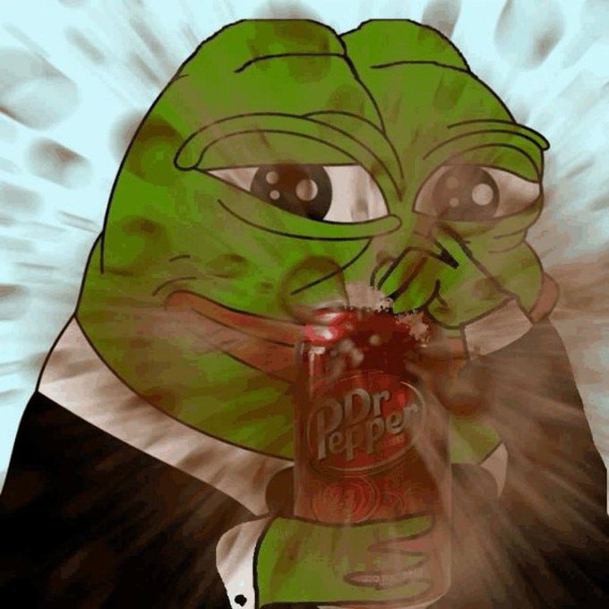 A Pepé the Frog-style character drinks from a Dr Pepper bottle, with the drink's "Dr Pepper" text visible. The image ties into the post's cautionary message about memecoins like $LAPTOP and $TRUMP by featuring the widely recognized meme frog, symbolizing the speculative and potentially risky nature of meme-driven cryptocurrency investments.