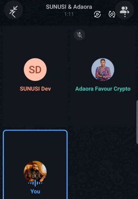 The image shows a Telegram group call in progress between SUNUSI Dev, Adaora Favour Crypto, and the user ("You"), with the call duration at 1:11. This relates to the post by referencing an active meeting, likely with the SUNUSI token founder, where concerns about token-selling wallets were being discussed.