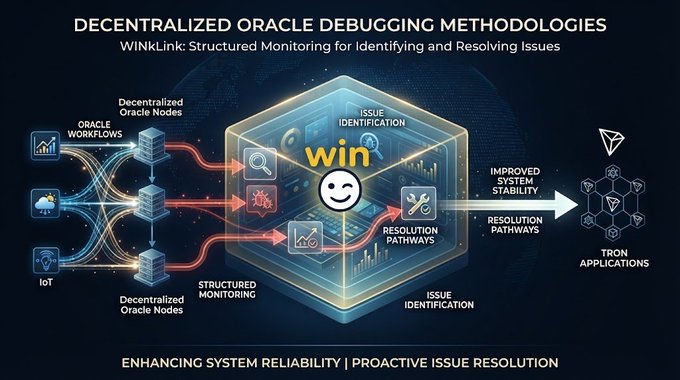 A WinLink infographic titled 'DECENTRALIZED ORACLE DEBUGGING METHODOLOGIES,' illustrating structured monitoring, issue identification, and resolution pathways across oracle workflows to improve system stability for TRON applications.